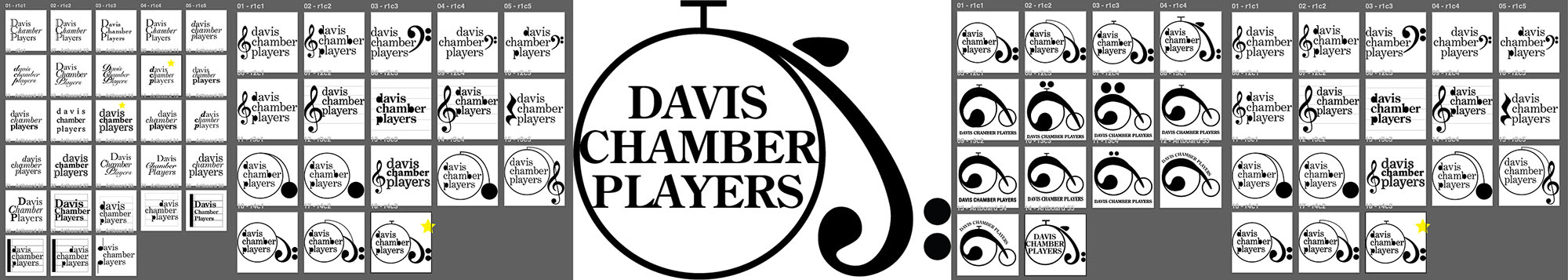 Davis Chamber Players monogram combining a bass clef and a penny-farthing wheel