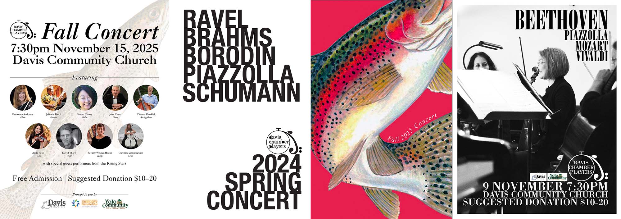 Davis Chamber Players concert posters, including a rainbow trout illustration for the Fall 2025 season
