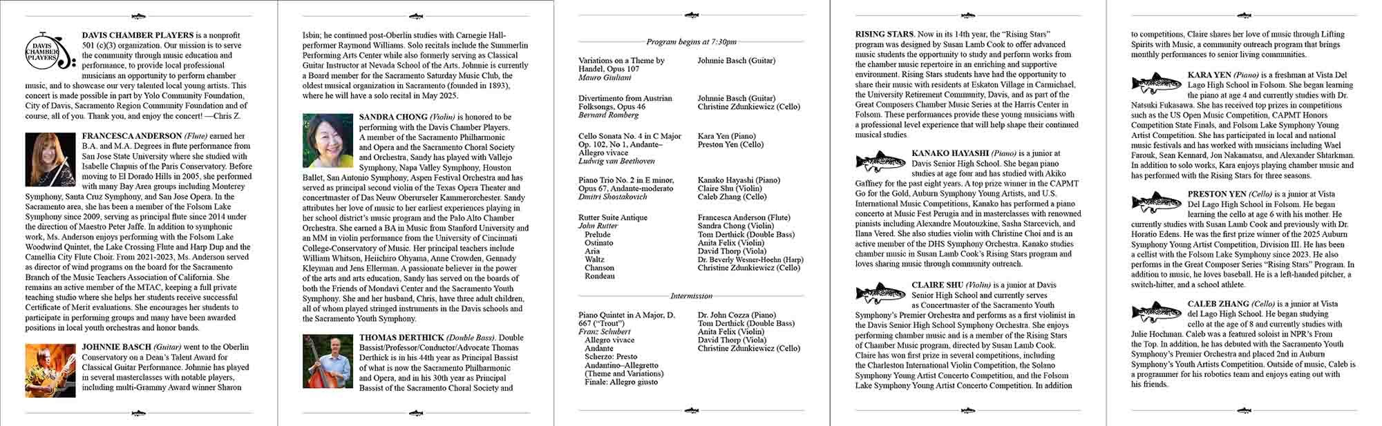 Davis Chamber Players concert program booklet spread showing the repertoire listing and a performer biography