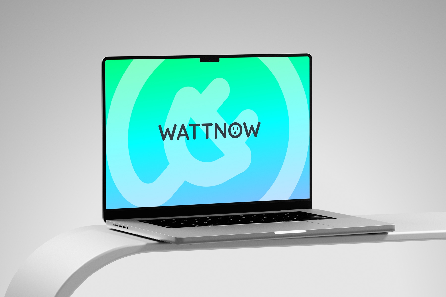 A laptop showing the WattNow title screen in cyan and blue