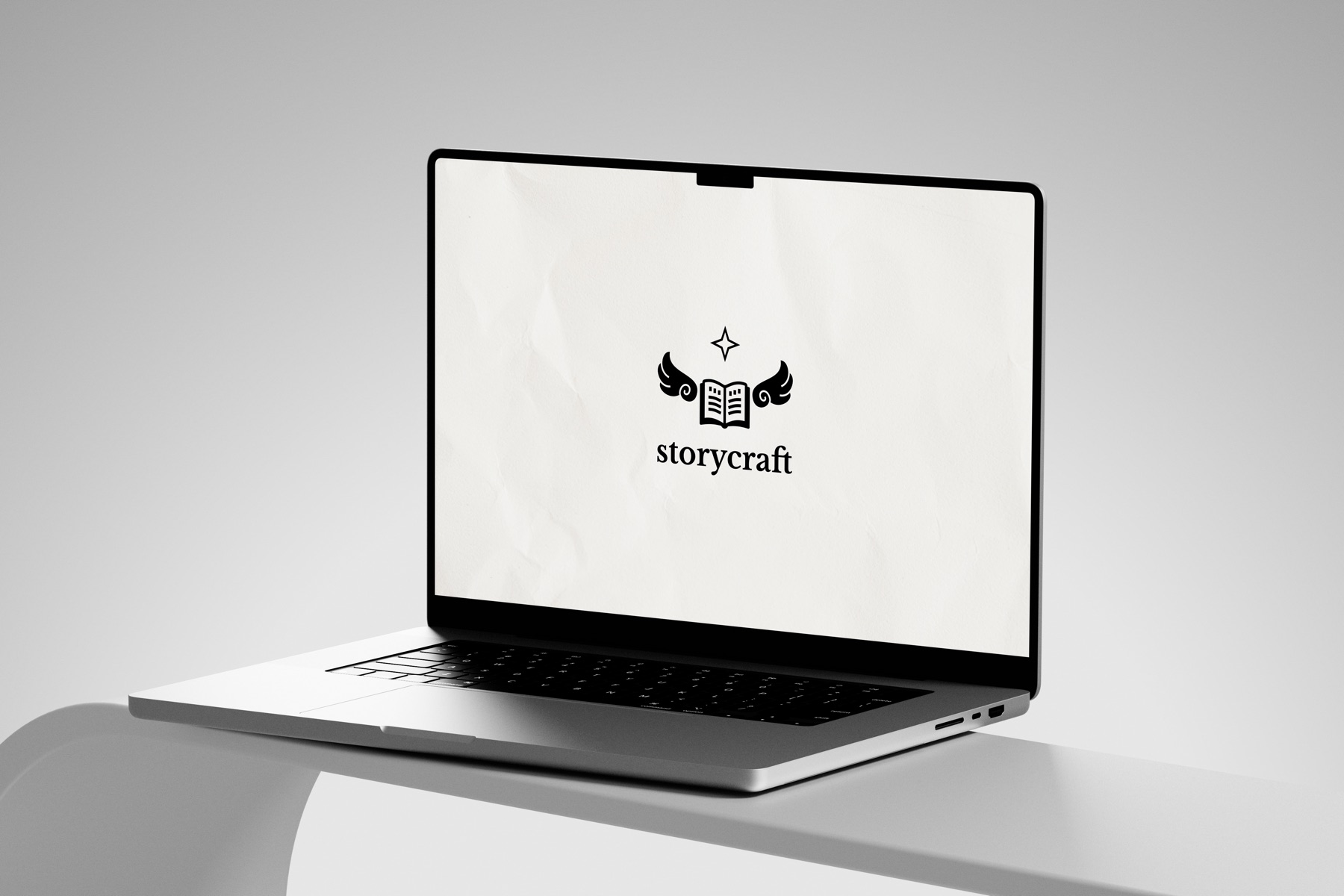 A laptop showing the storycraft title screen with an open-book mark