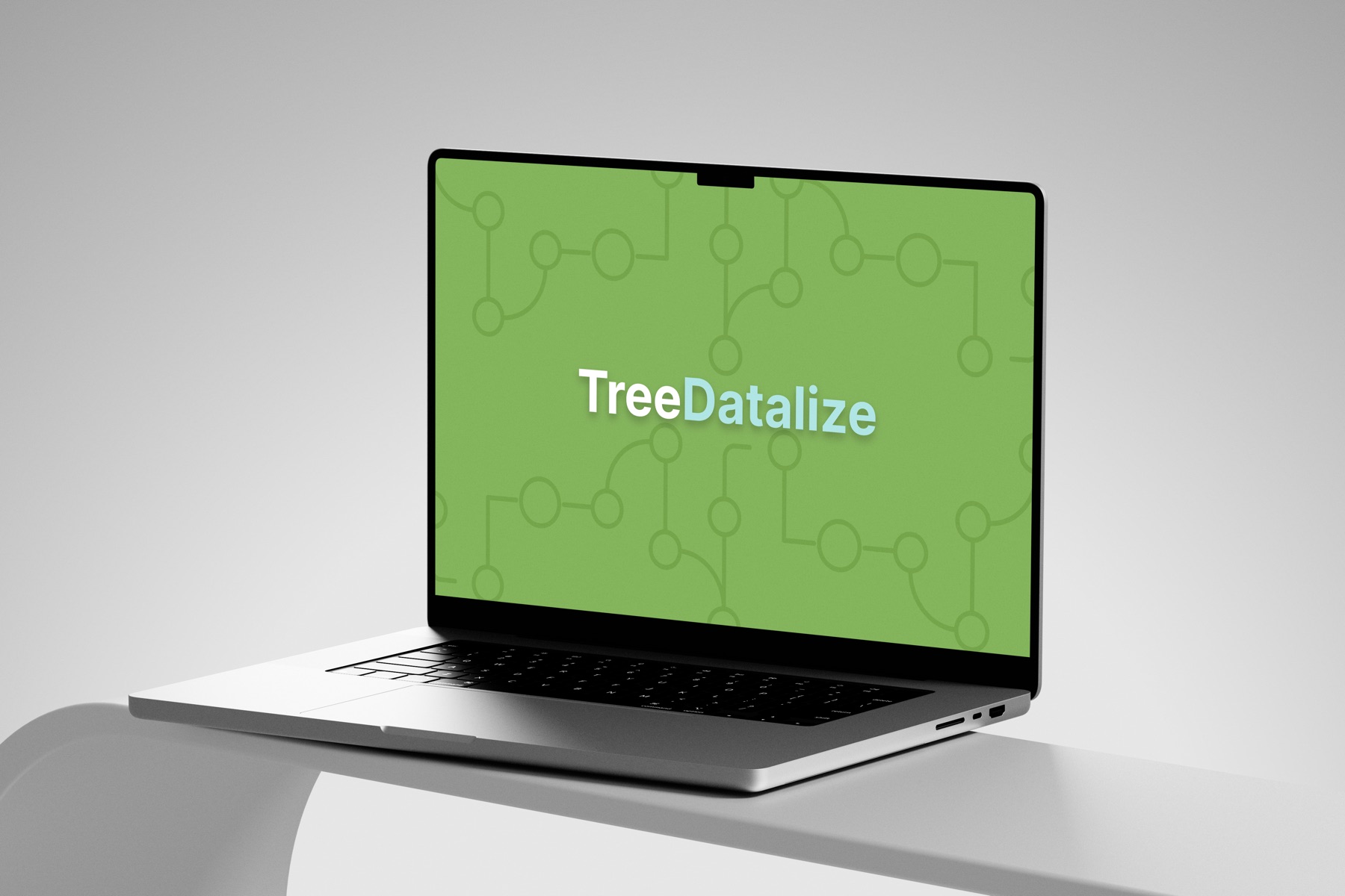 A laptop showing the TreeDatalize title screen over a green circuit-tree pattern
