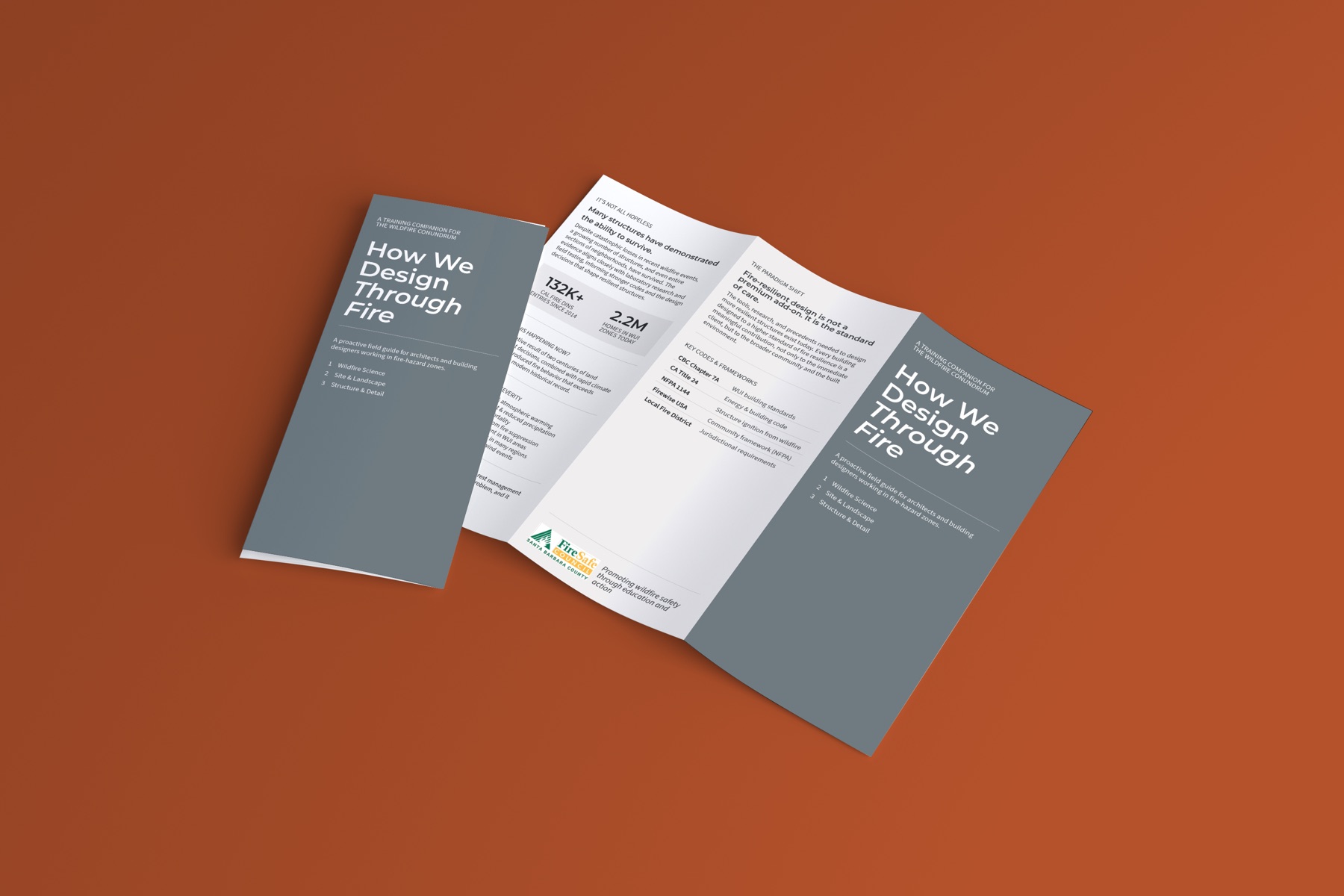 Three “How We Design Through Fire” trifold brochures on a burnt-orange ground