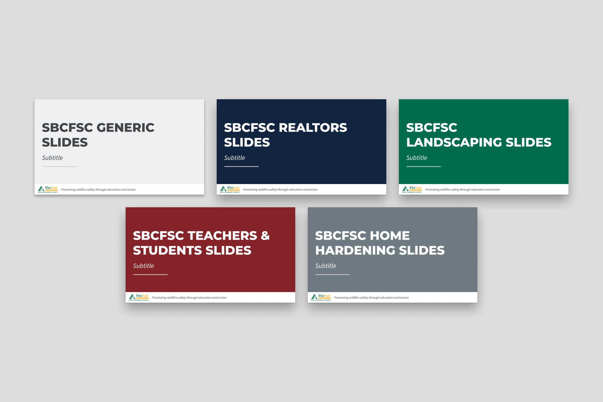 Five slide-deck cover variants, one per audience, each in its own brand color