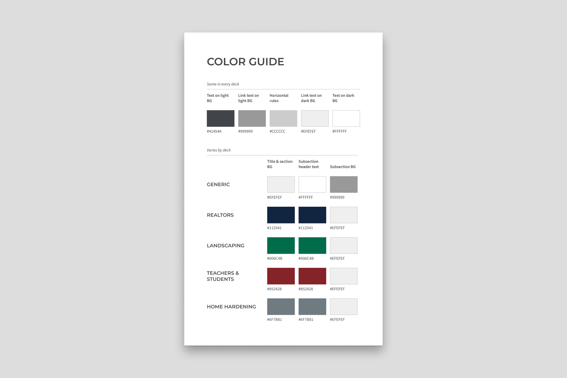 The color guide page mapping each audience to its title, subsection, and text colors