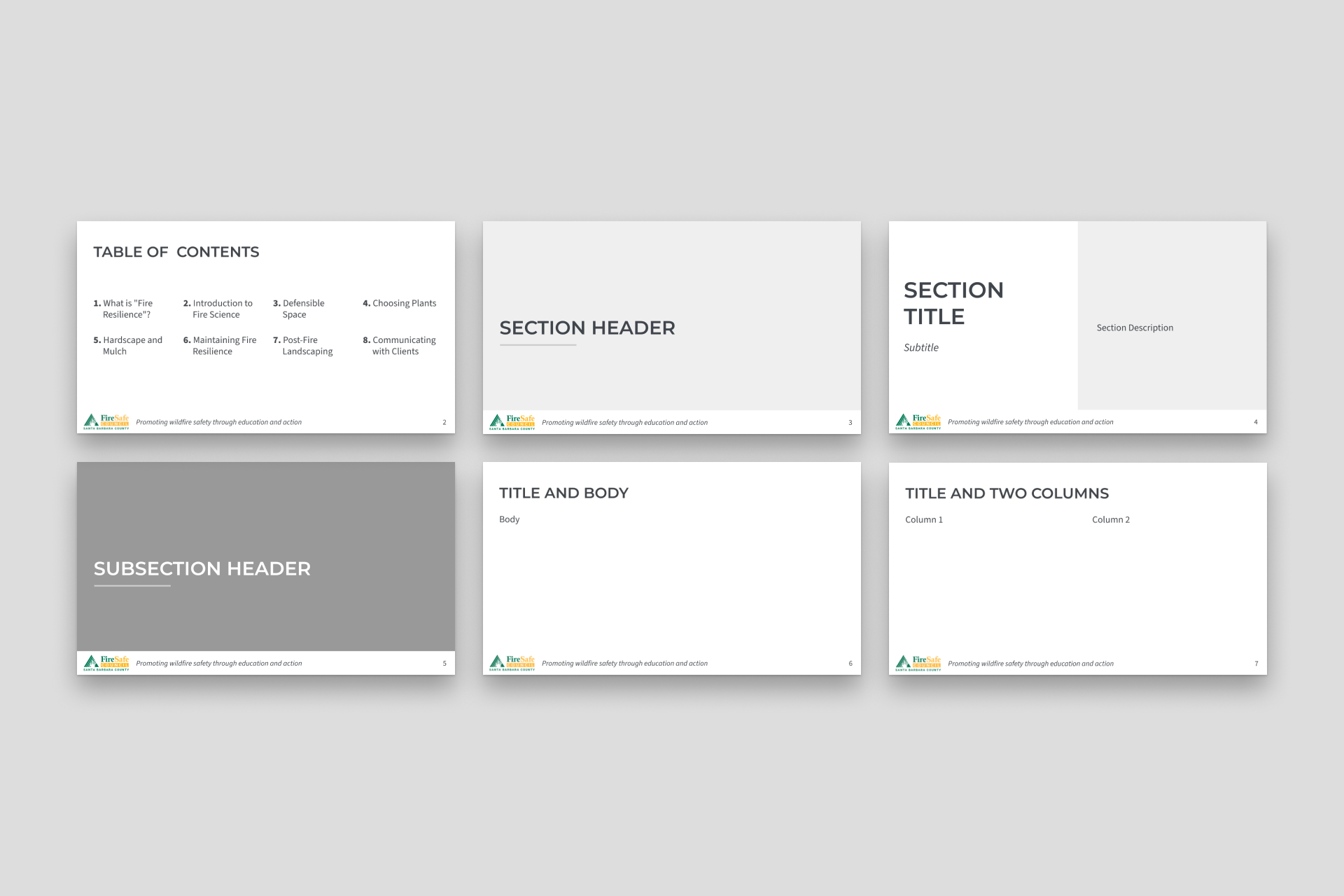 Structural slide templates: table of contents, section header, section title, subsection header, title and body
