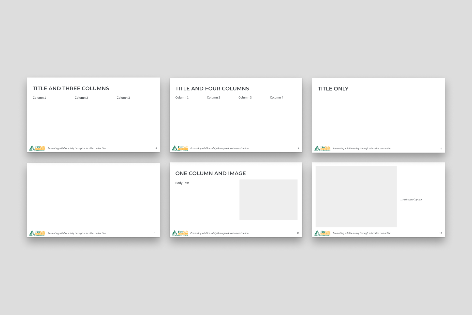 Content slide templates: three-column, four-column, title-only, and one-column-and-image layouts