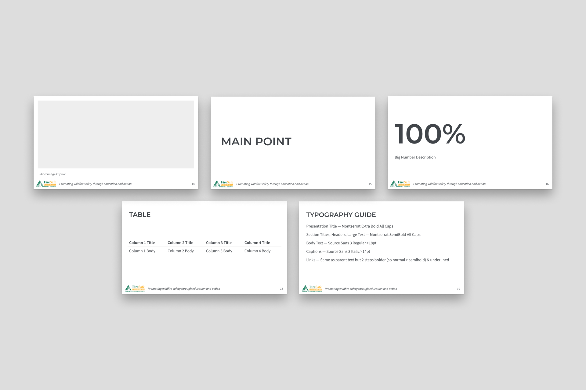 Data slide templates: main point, large percentage, table, and typography guide