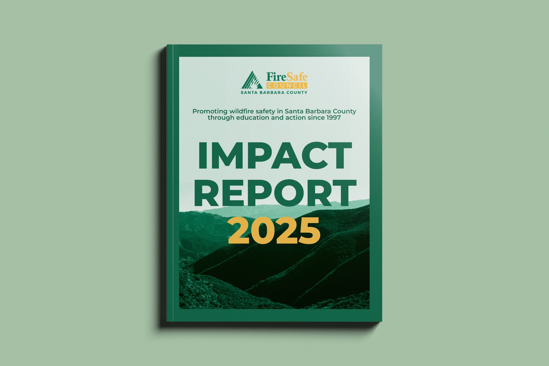 The report cover: Impact Report 2025 over a green ridgeline photograph