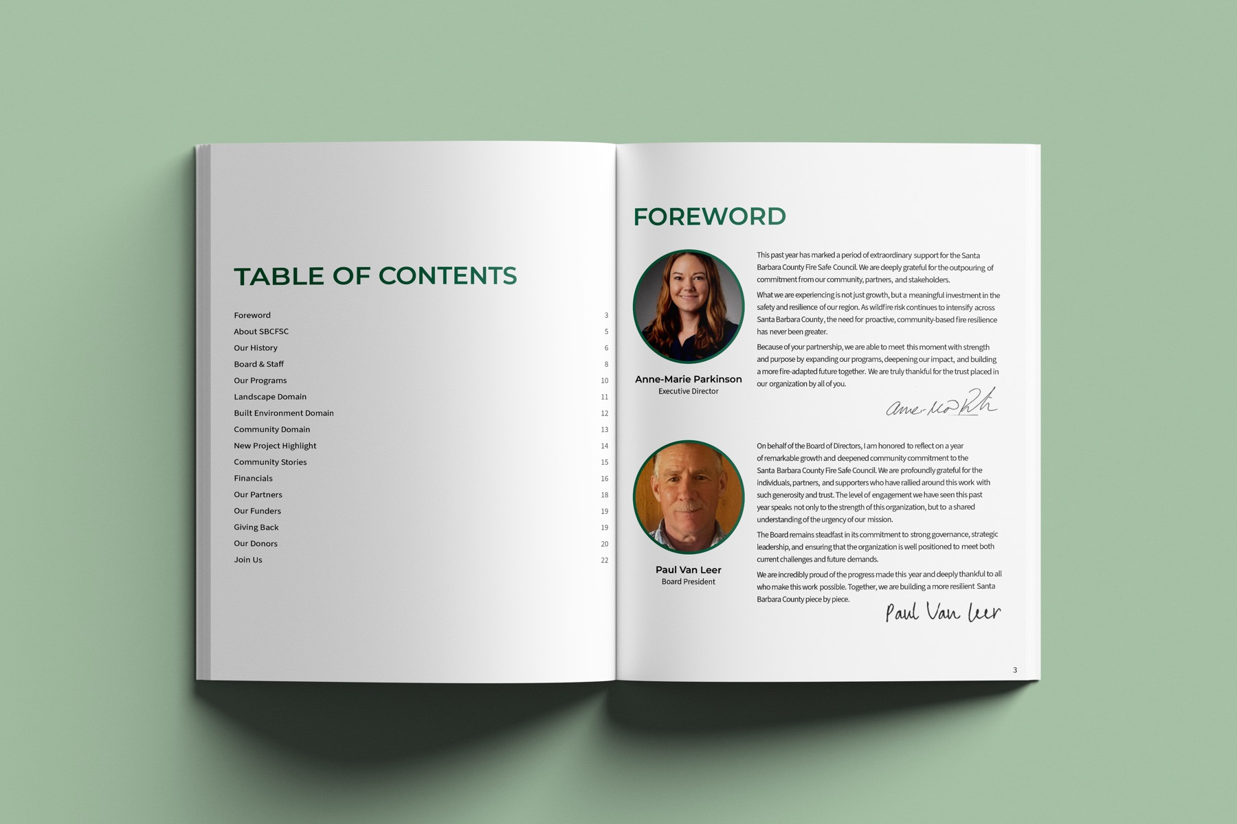 Table of contents facing the foreword, with portraits of the Executive Director and Board Chair