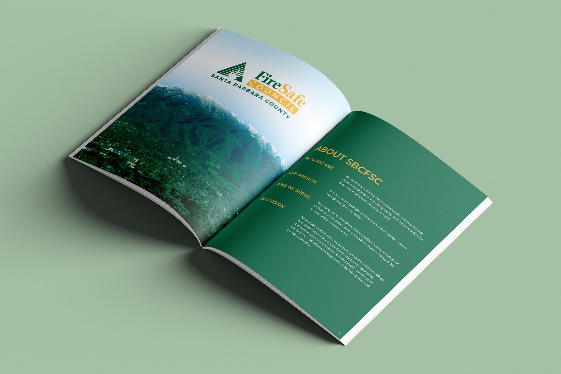 About SBCFSC spread, with a full-bleed ridgeline photograph facing a green text panel
