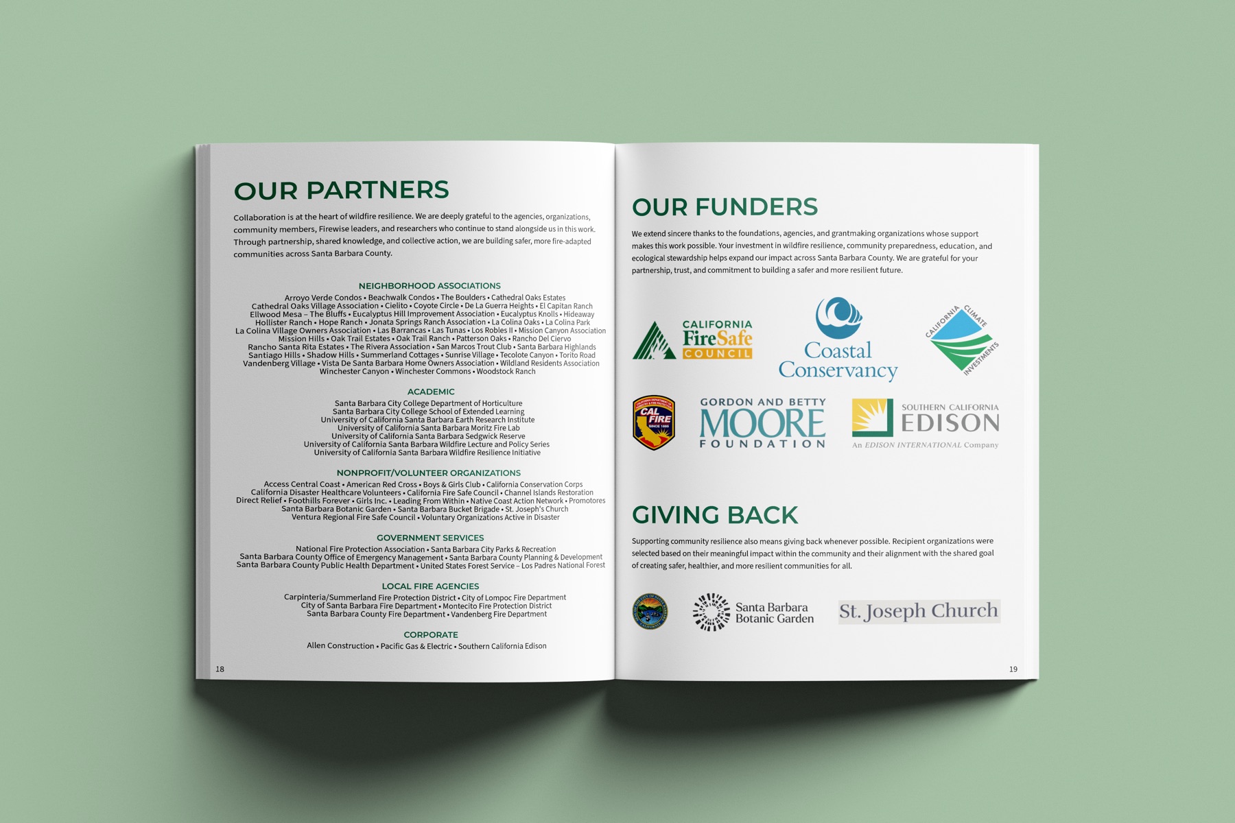 Our Partners, Our Funders, and Giving Back spread with sponsor logos
