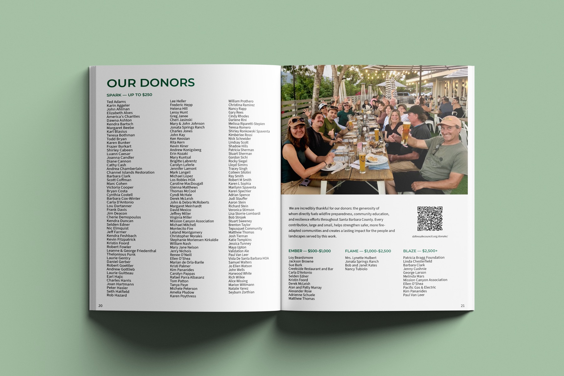 Donor listing spread beside a photograph of a community dinner