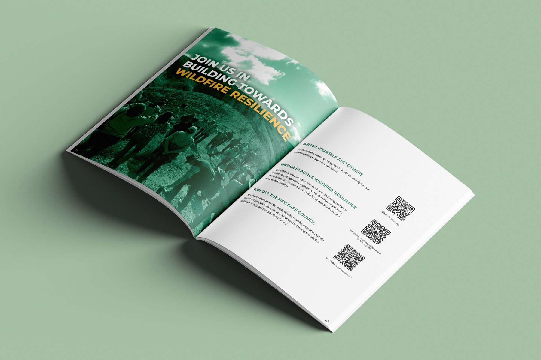 Closing spread: Join Us In Building Towards Wildfire Resilience over a green duotone photograph
