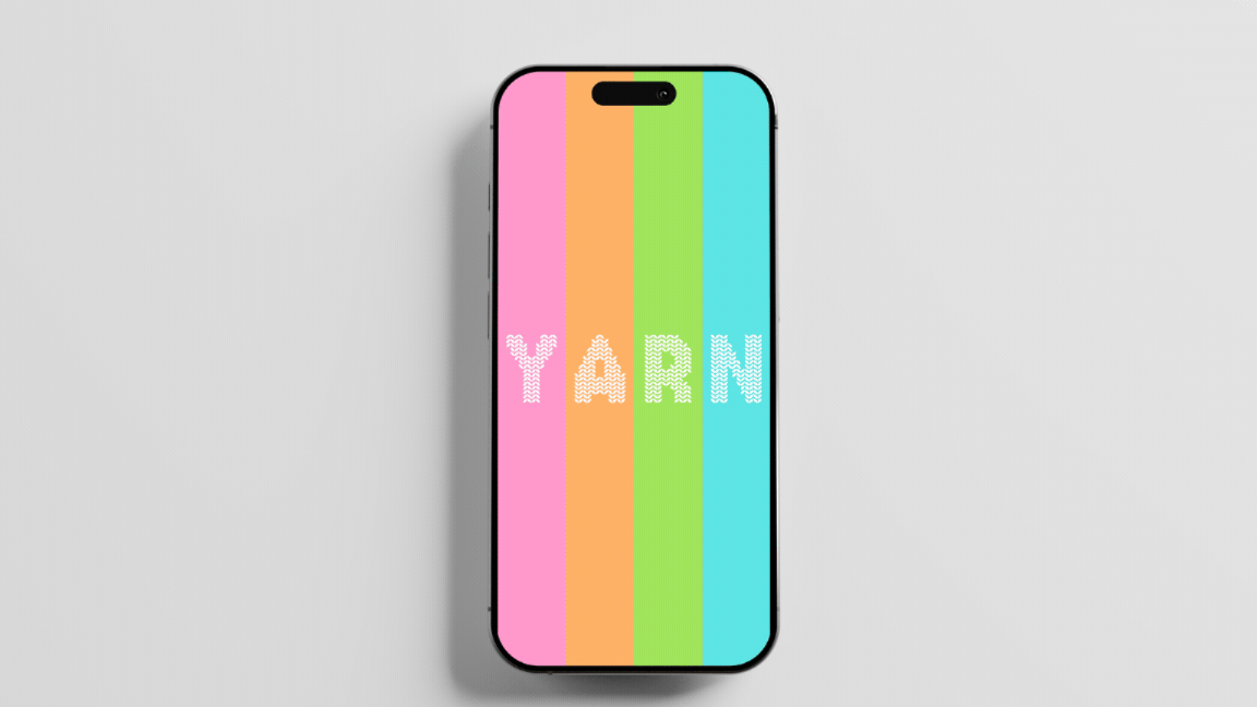 A phone showing the YARN splash screen in pink, orange, green, and cyan stripes