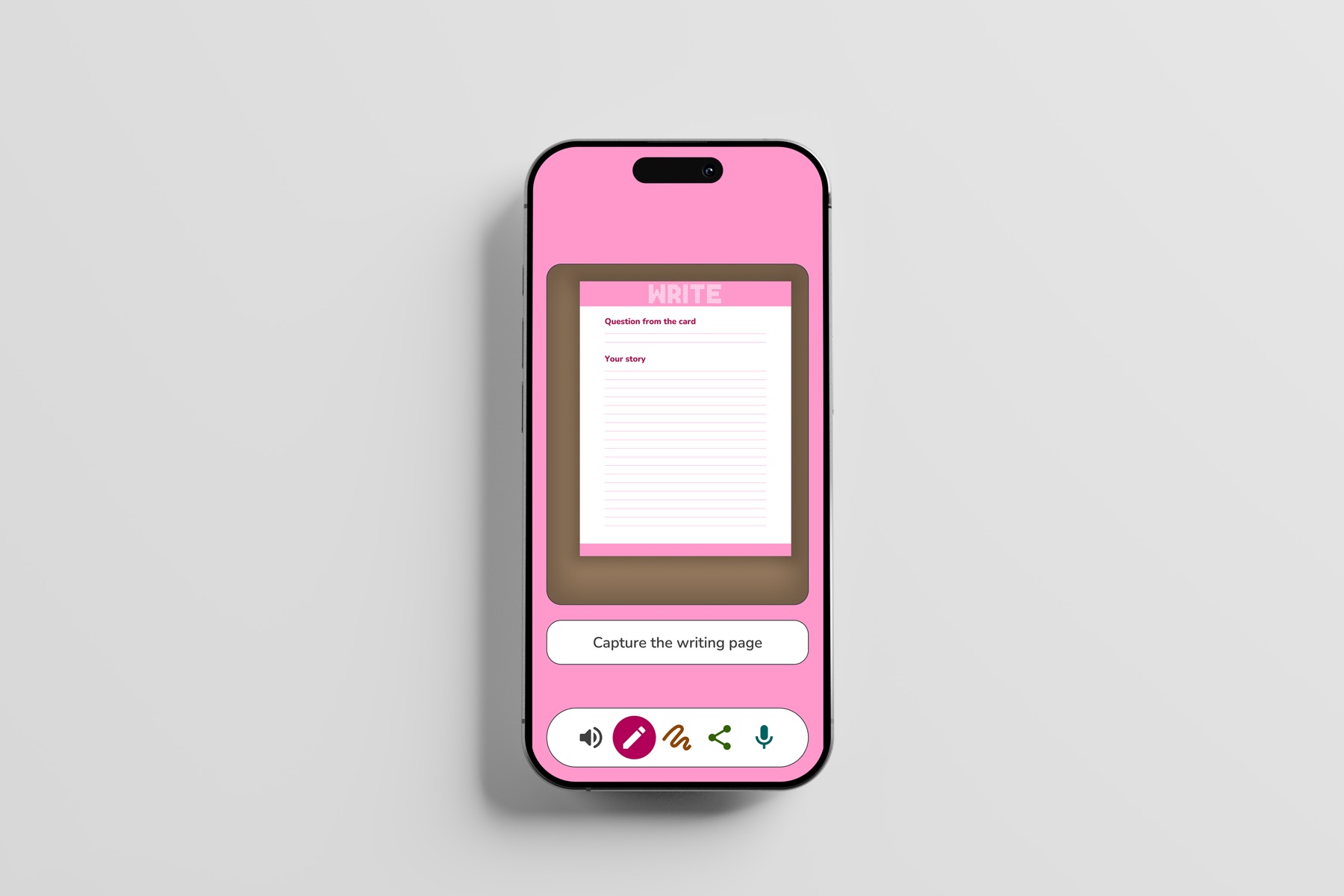 Write mode in pink, with a lined page ready to capture a written answer