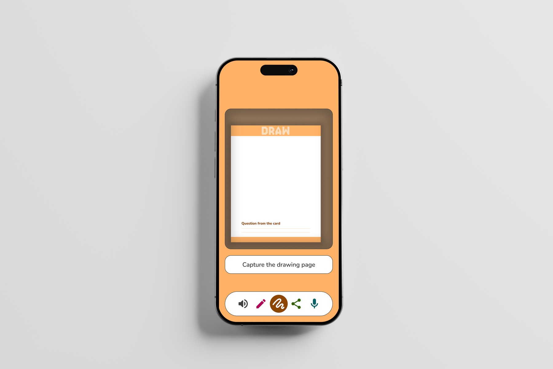 Draw mode in orange, with a blank page ready to capture a drawing
