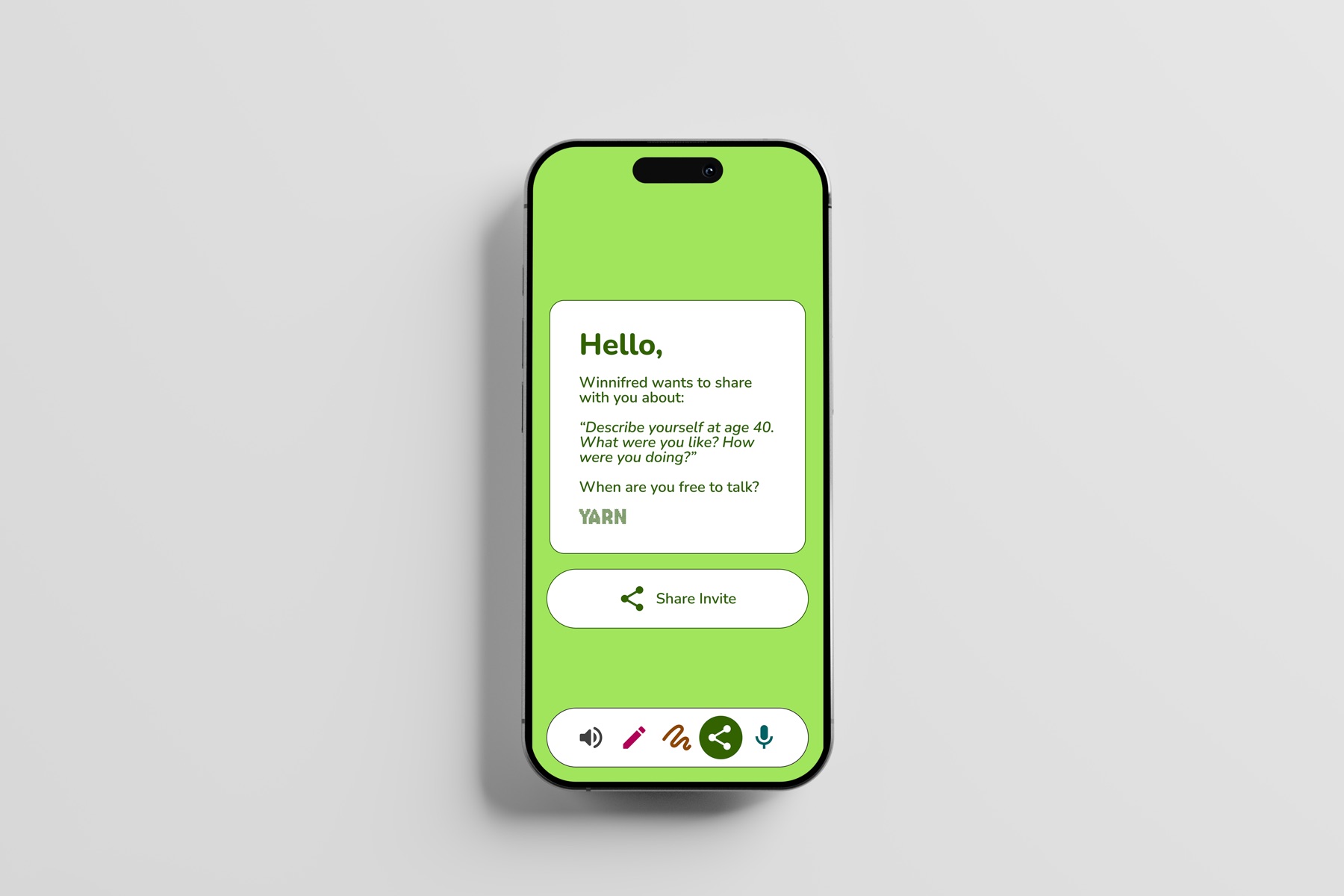 The green invitation screen, carrying a prompt from Winnifred and a share button