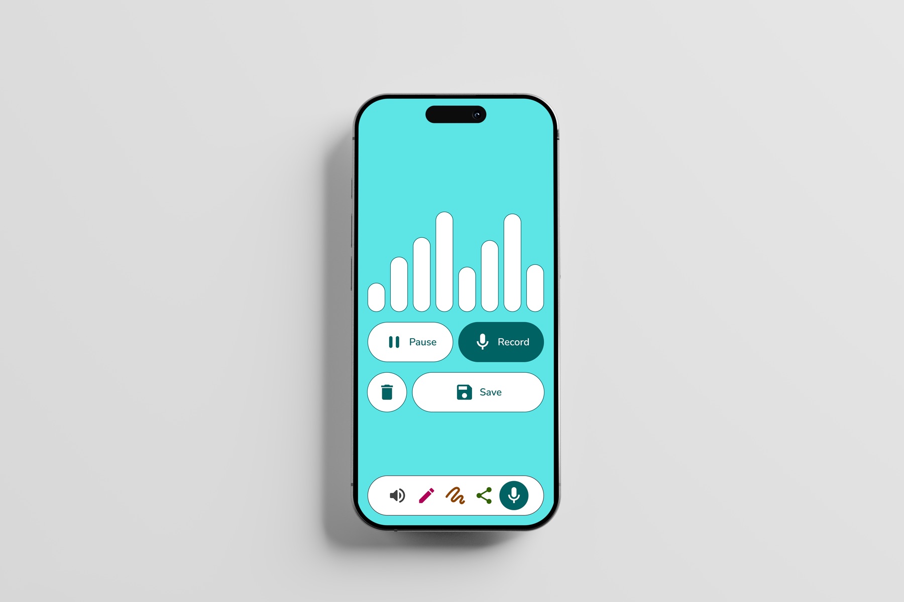 Voice mode in cyan, mid-recording, with a waveform and pause, record, delete, and save controls