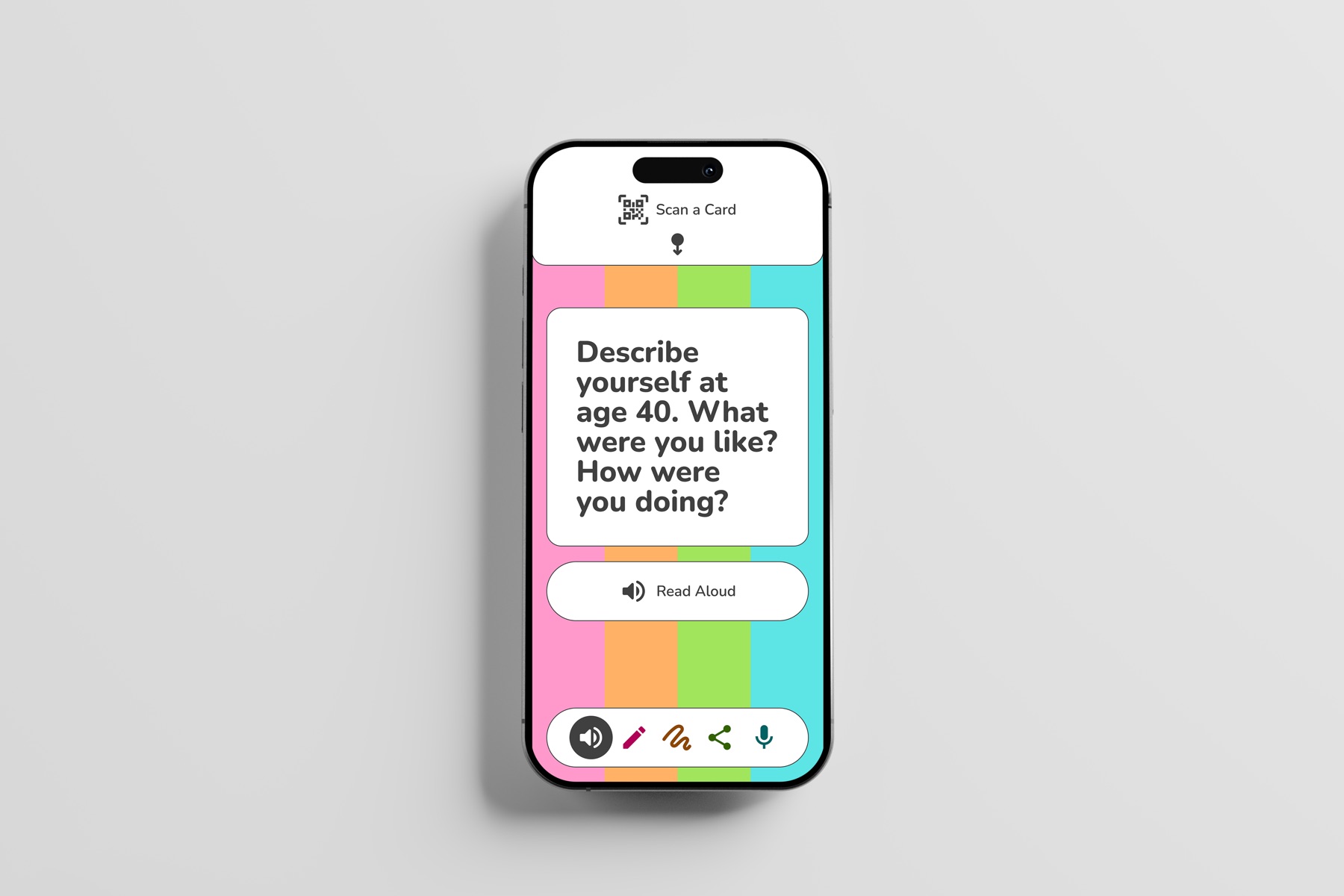 A scanned card showing its prompt — “Describe yourself at age 40” — with a read-aloud control