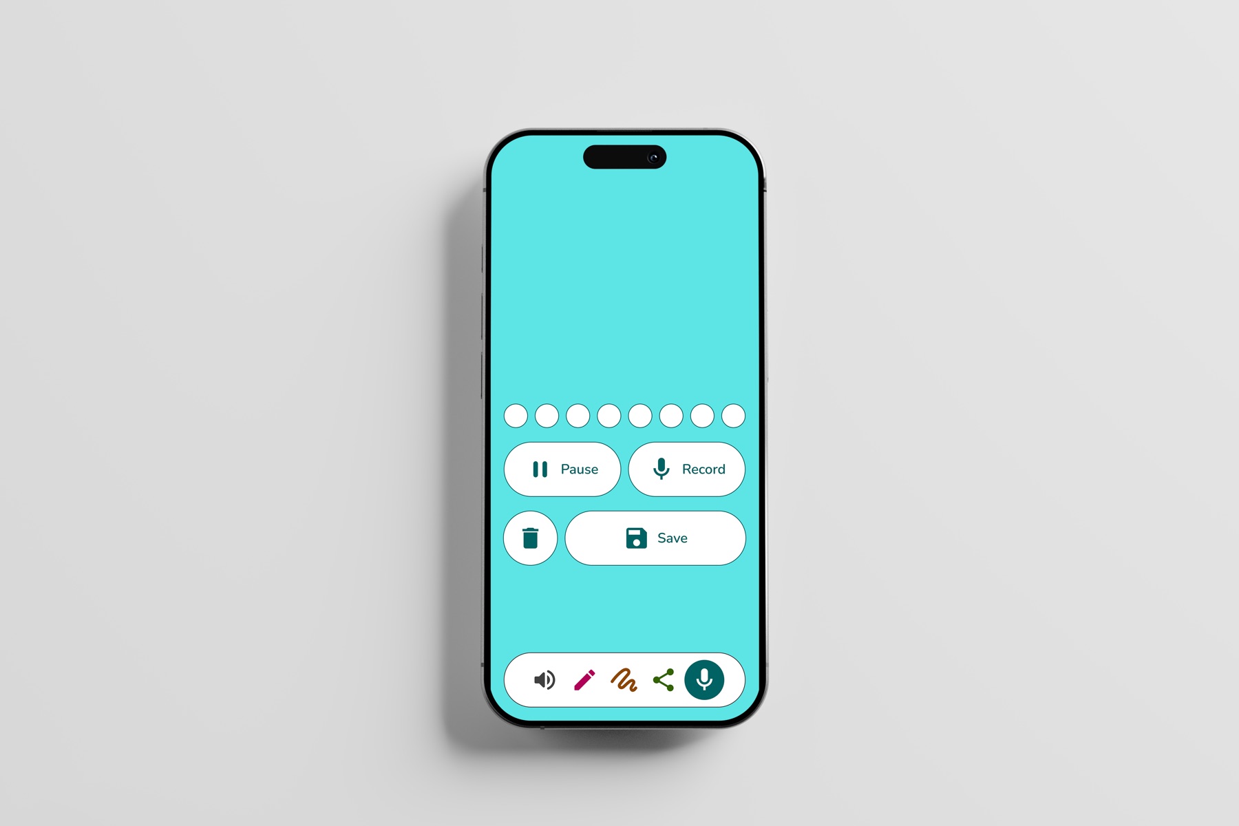 Voice mode in cyan before recording starts, with the transport controls at rest