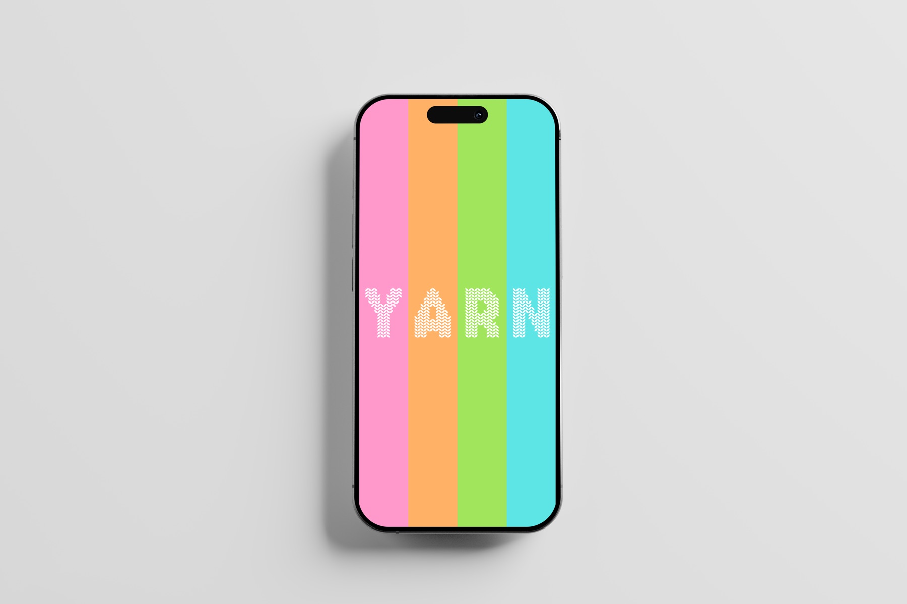 The YARN splash screen held still, showing the knitted lettering across four color stripes